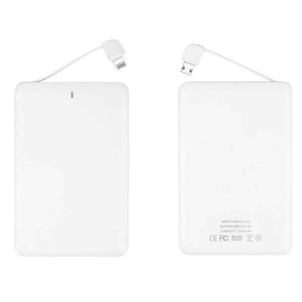 W0209 which 2500mAh 2 in 1 White Card Power Bank Built-in  Lightning and Android Cable 