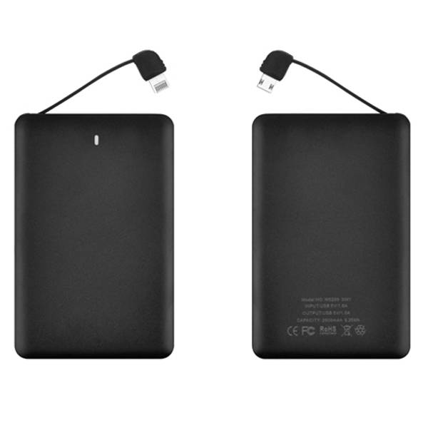 W0209 which 2500mAh 2 in 1 Black Card Power Bank Built-in  Lightning and Android Cable 