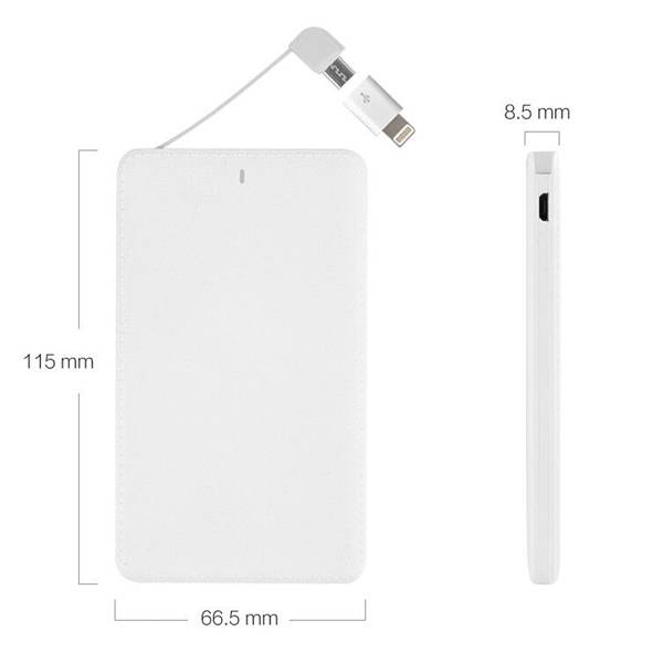 W0409 White 4000mAh 2 in 1 Ultra Thin Card Power Bank Built-in Lightning and Android Cable